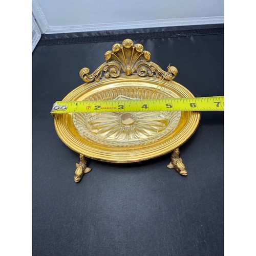 Vintage soap Dish 24Kt Gold Plated Austrian Crystal fish Feet ashtray 6" - Picture 2 of 10