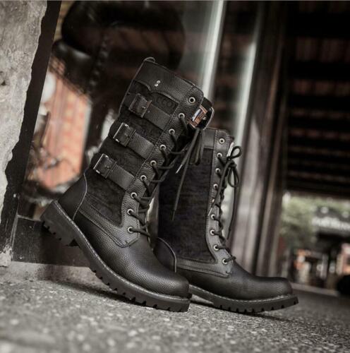 Stivali invernali da combattimento punk rock da uomo gotici medio polpaccio stringati in pelle scarpe cosplay - Foto 3 di 7