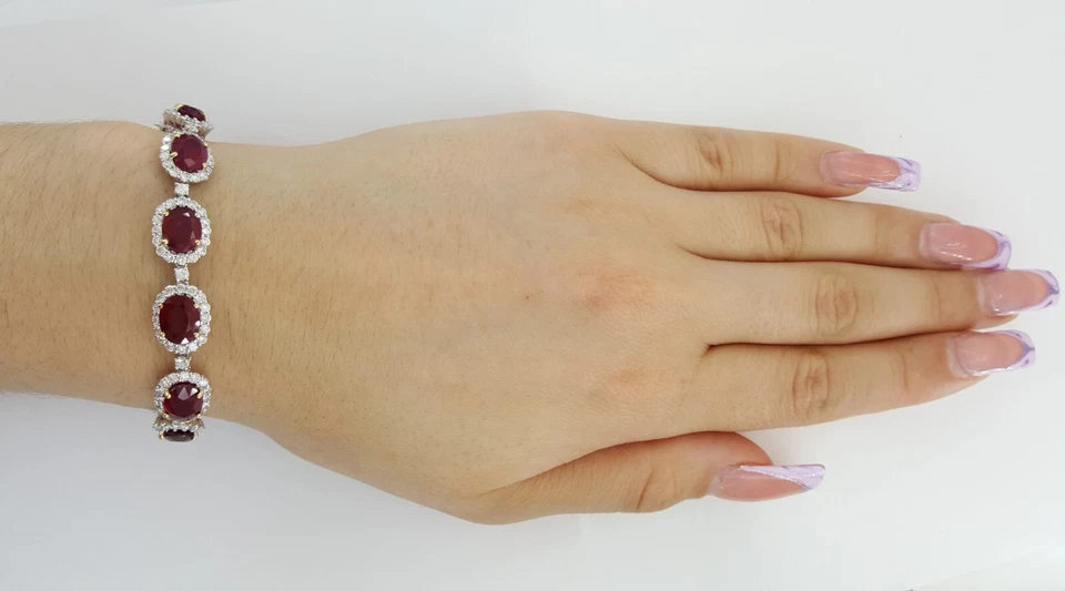 Oval Burma Pigeon Blood Ruby & Diamond 18k 2-Tone Gold Bracelet 24.5 ct Rt $180K - Image 2 of 4