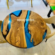 Blue Epoxy Wooden Resin Round Dining & Center Coffee Table Top Farmhouse Desk De