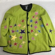 INDIGO MOON Cotton Rayon RAINBOW STARS on Green Blazer Jacket Sz M