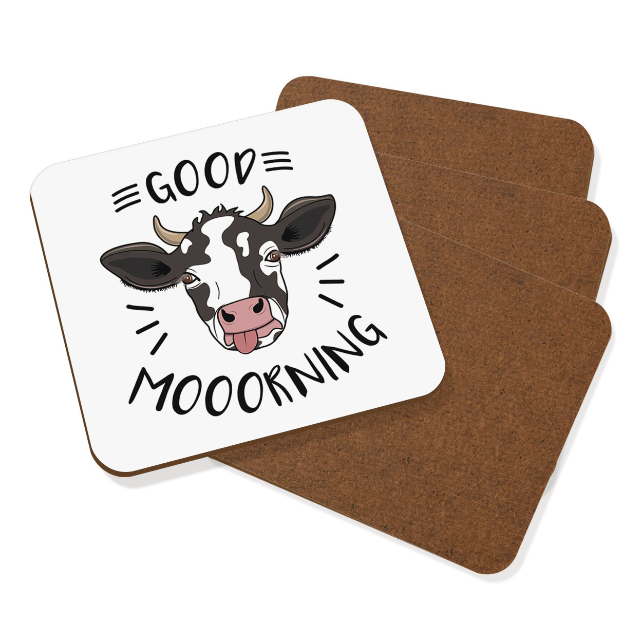 Good Mooorning Cow Coaster Drinks Mat Set Of 4 - Funny Morning Moo Joke