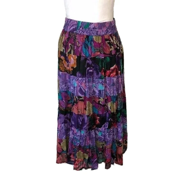 Baxter & Wells Skirt Small Tiered Purple Black Floral Elastic Waist Lined Cotton