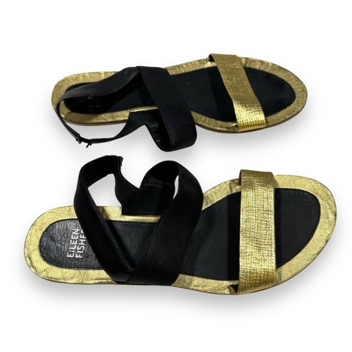 Eileen Fisher Gold Black Leather Flat Slingback Sandals Size 7 - Picture 6 of 12