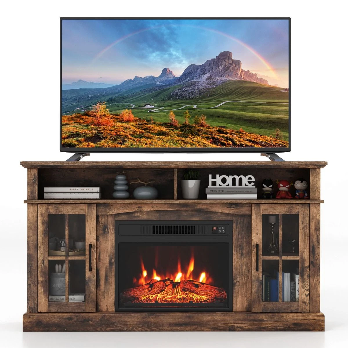 58 Inch Rustic Fireplace TV Stand with 2 Open Storage Compartments