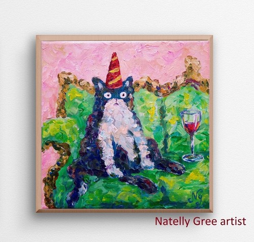 Funny Cat Oil Painting Cat with Wine on Sofa Original Artwork Canvas Wall Art - Picture 3 of 8
