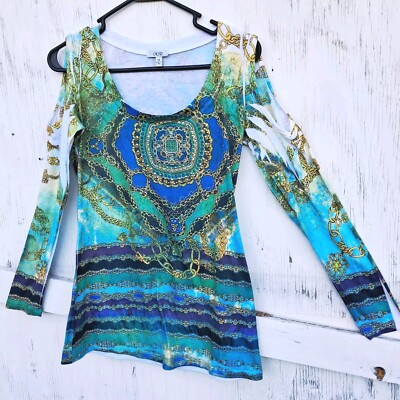 Cache Y2K XS Blue Chain Pattern Cold Shoulder Fairy Grunge Shirt Tunic Top Vtg