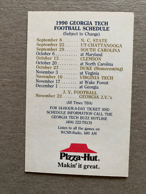 CFB 1990 GEORGIA TECH Football Schedule College KEN SWILLING
