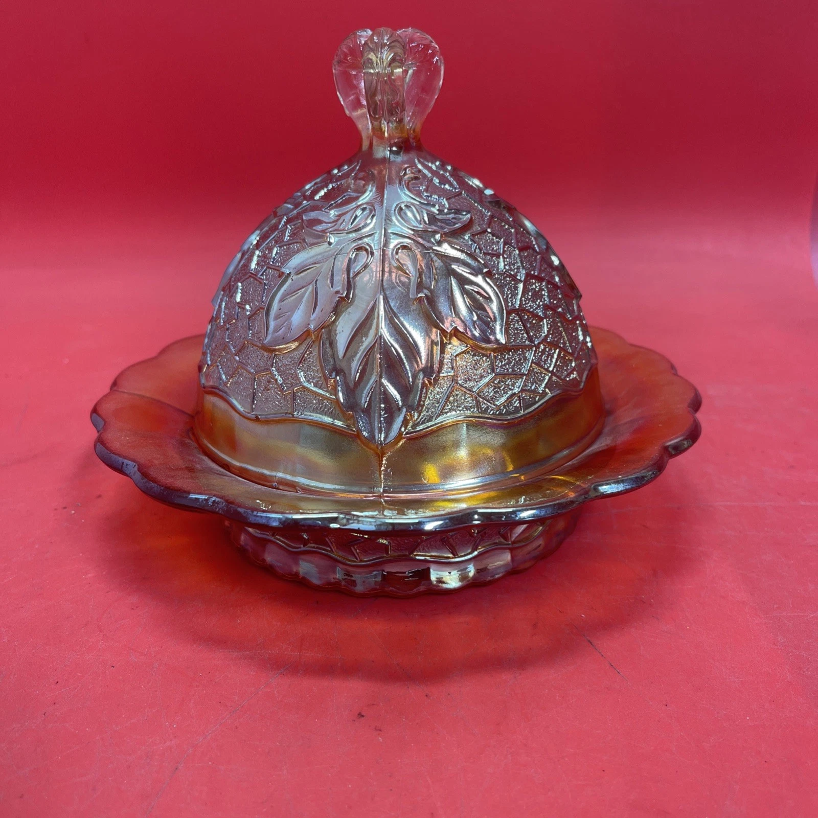 Mosser Heart Handle Butter Dish Amberina Carnival Leaf Patterned Glass EC
