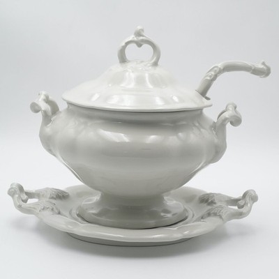 Vintage Red Cliff Heirloom White Ironstone Tureen & Lid with Ladle & Underplate