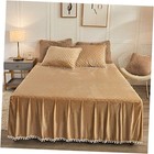Luxury Pom Poms Velvet Bed Skirt, Velvet Wrap Around Bed Skirt, Twin Camel