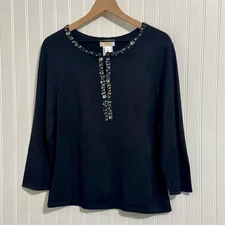 Talbots Silk Blend Top XL Black Jeweled Beaded Split Neck Blouse Holiday Party