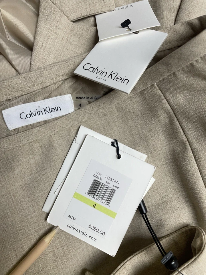 NUEVO $280 Calvin Klein Falda Traje Talla 4 Conjunto de Dos Piezas Botones Tono Dorado Beige CK Foto 2 de 4
