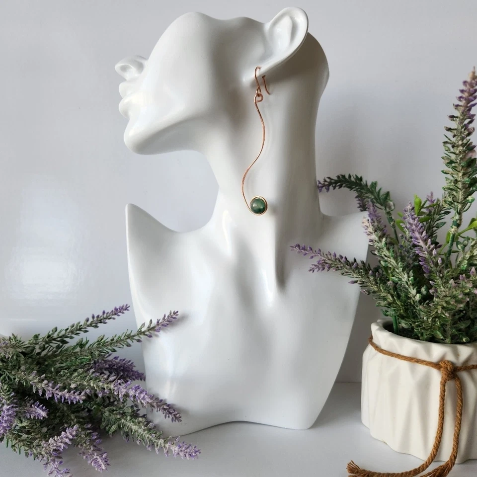 Handmade Copper Wire Wrapped Natural Green Jade Earrings - Elegant, Minimalist - Image 2 of 4