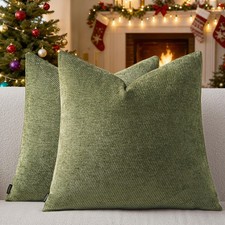 2-Pack Decorative Chenille Throw Pillow Covers 16x16 Moss Green Twill Cushion