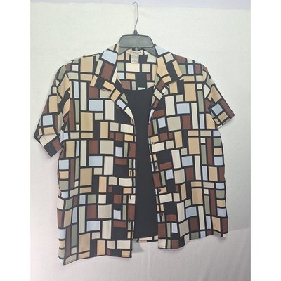 Notations Sz L 2 In 1 Button Down Top Built in Cami Geometric Print Office Wear