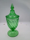 Anchor Hocking Green Depression Glass Spiral Tall Pedestal Lidded Candy Dish