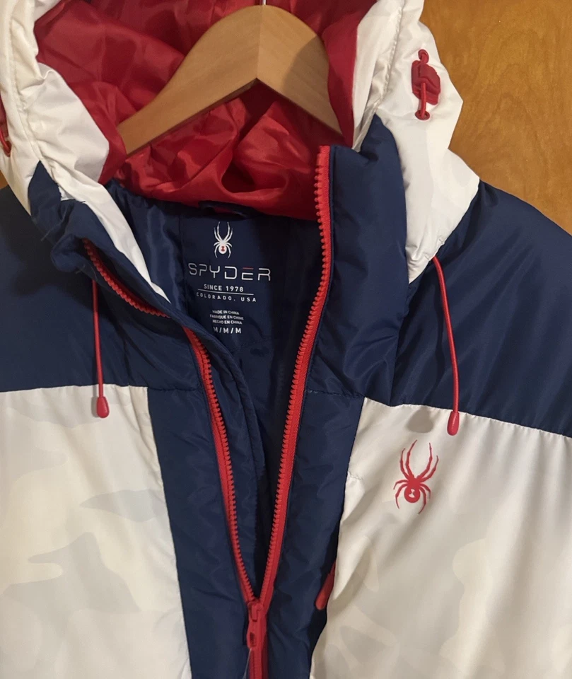 Spyder Puffer Jacket Mens Medium Zip Pocket Red White Blue - Image 2 of 4