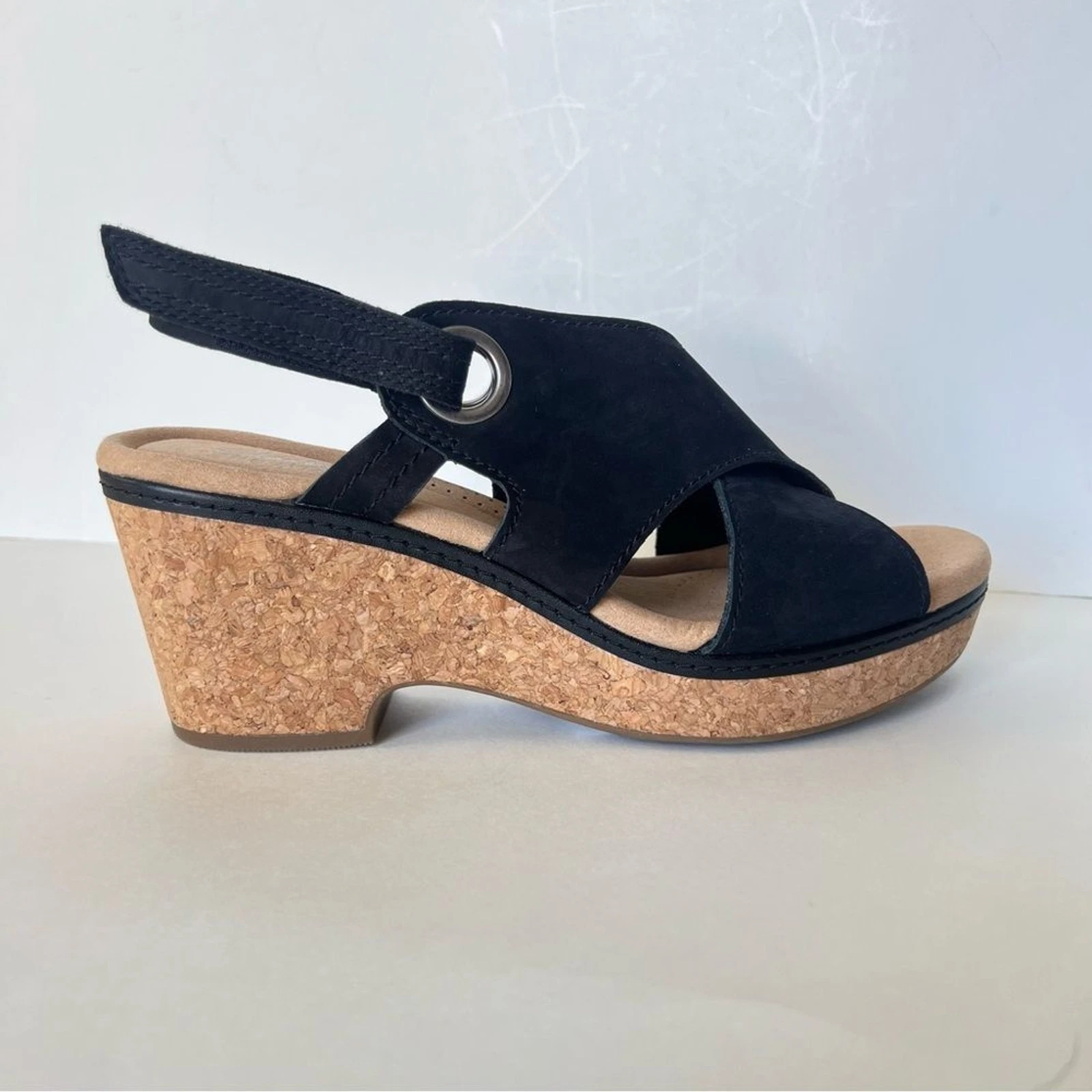 Sandali Clarks Gisselle Loop neri in pelle sughero zeppa boho comodi taglia 9