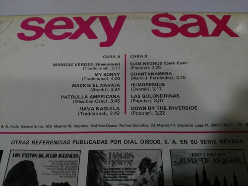 Sexy Sax the Studio Group Dial Discs Spain Edit LP vinyl Vinyl 12 " 1977 G+ - Picture 4 of 4