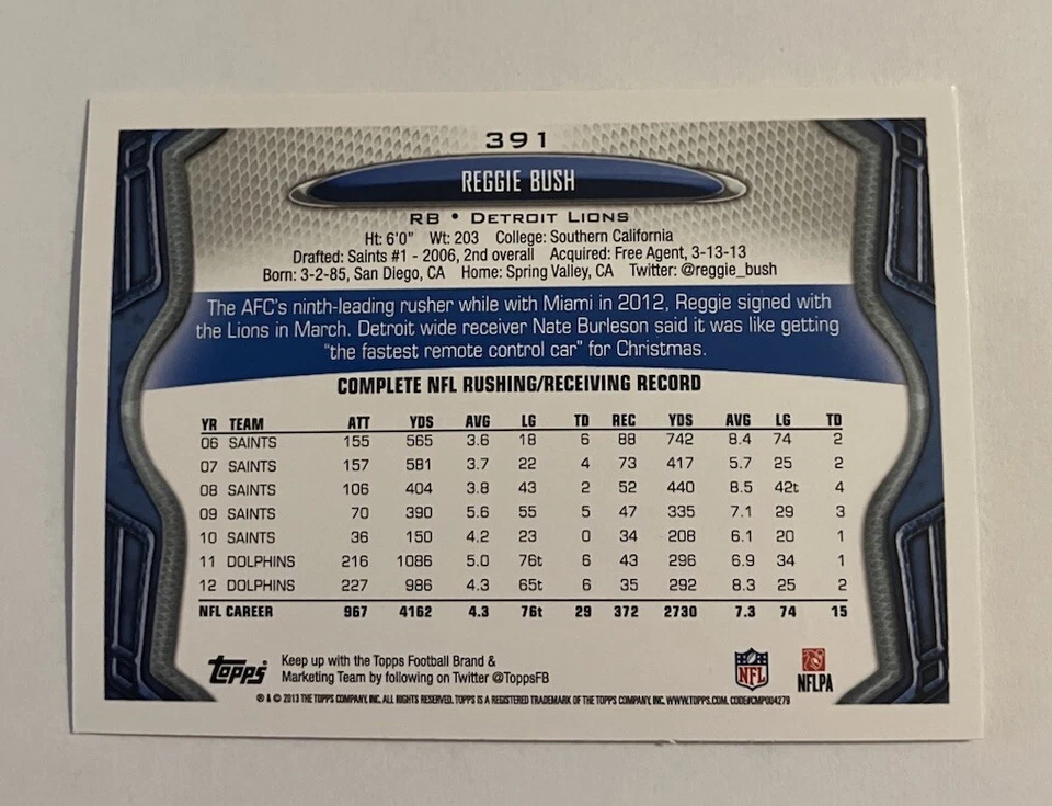 Reggie Bush 2013 Topps Football Mini #391 Detroit Lions - Image 2 of 2