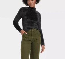 Women  s Wild Fable Cropped Mock Neck Fuzzy Sweater Black Shimmer M Retail 32