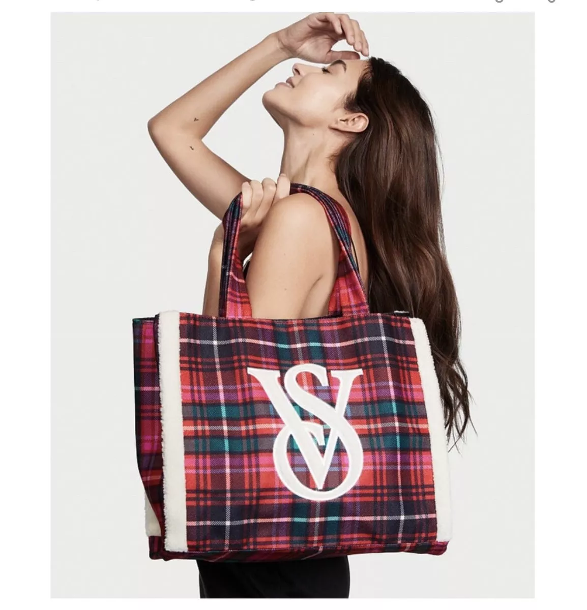 VICTORIA’S SECRET Christmas Limited Edition Tote Bag Plaid VS Logo Red NWT  $60