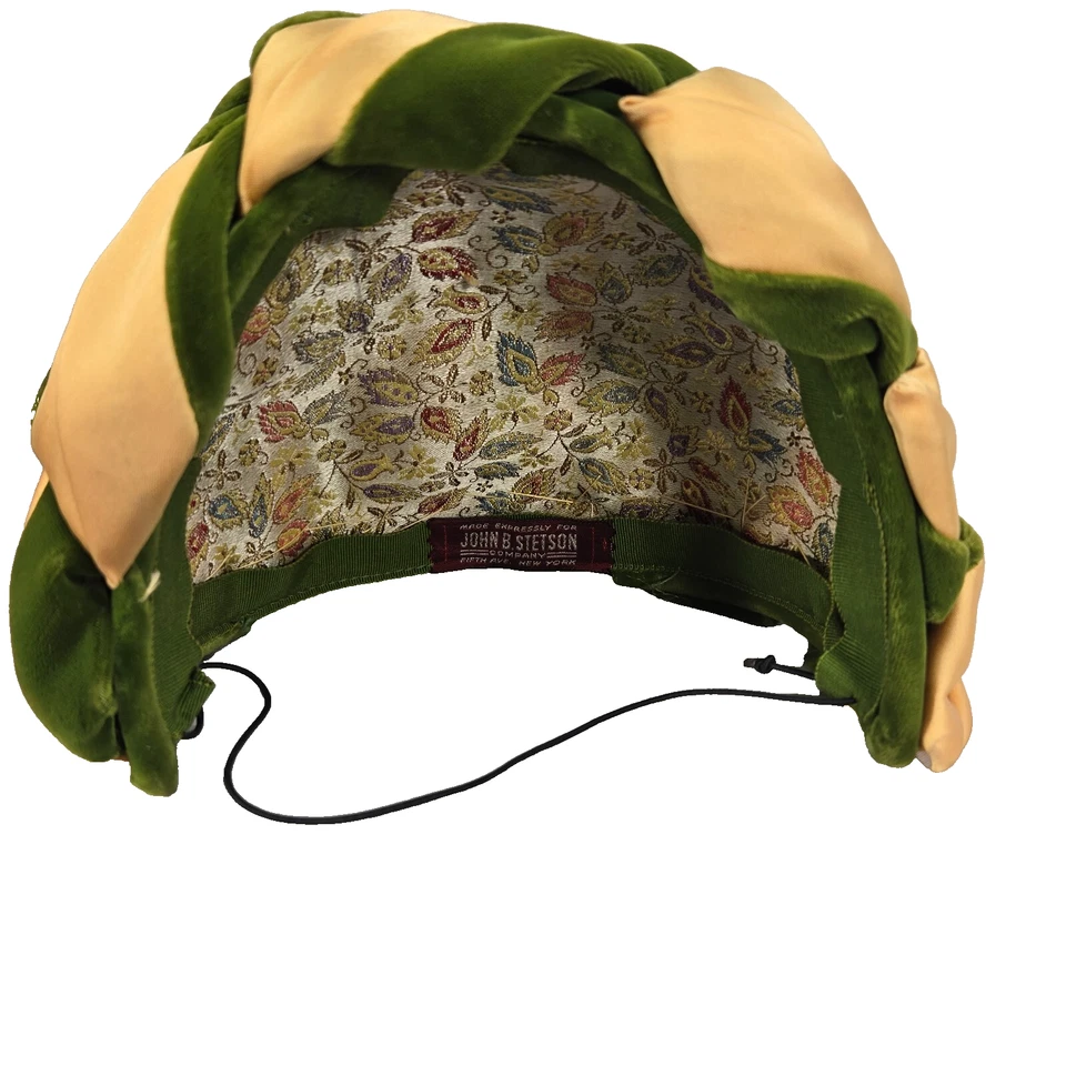 Sombrero John Stetson Mujer Vintage Verde Dorado Satinado Tejido Brocado Forrado Turbante MCM Foto 2 de 4