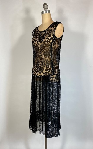 Antique 1920's black semi-sheer lace drop waist dress w/ beaded sk panel size XS - Picture 3 of 21