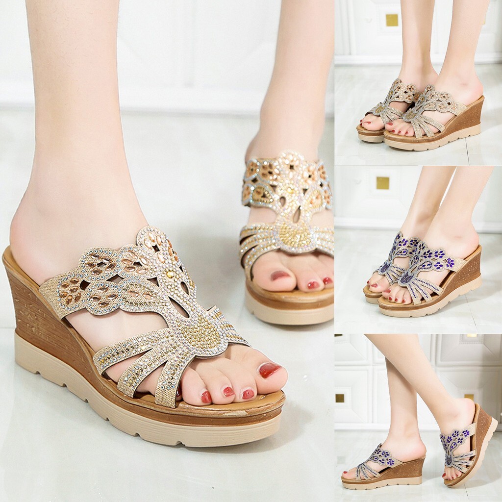 PANTOFOLA D’ORO Sandali donna Boemia cristallo zeppa donna spessi punta aperta ciabatte sandali scarpe