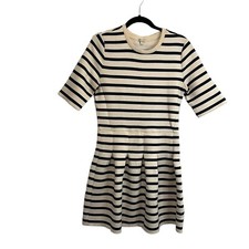 GAP Scuba Neoprene Striped Navy Blue Cream Skater Dress Womens Size 10
