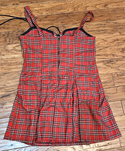 VTG Y2K Lip Service Dress Red Plaid Laced corset Punk Rock Grunge Pleated 90s L - Picture 3 of 7