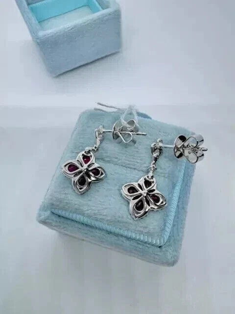 Pendientes colgantes para mujer enchapados en oro blanco de 14k de 2,20 quilates corte pera rubí rosa simulado Foto 3 de 4