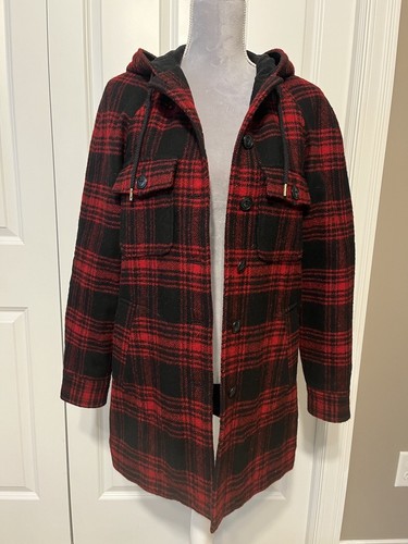 LL Bean Signature SM Red & Black Buffalo Plaid Women's Classic Wool Coat Hooded - Picture 2 of 12
