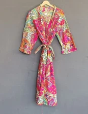 New Indian Pink Paisley Cotton Robes Long Kimono Sleepwear Night Kimono Robes US