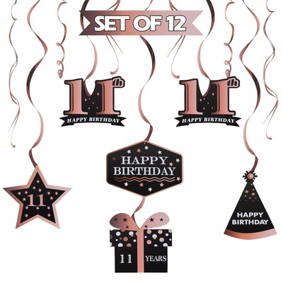 11th Birthday Swirls 12 Pcs Black Rose Gold Foil Cheers to Eleven Years