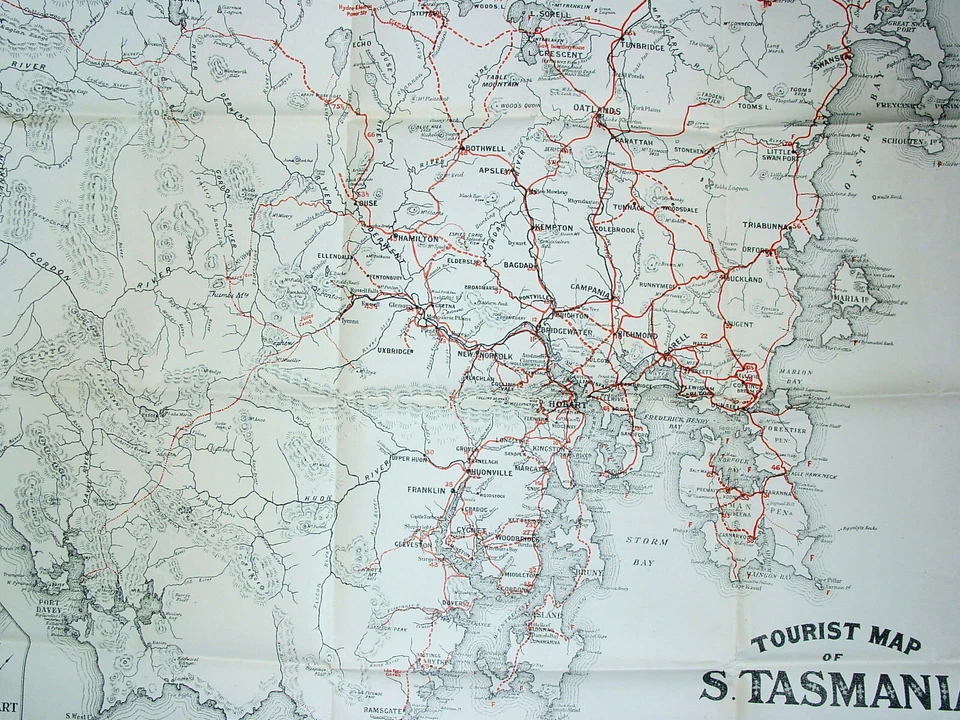 Mapa antiguo plegable grande de Thomas Hewitt de 1916 del sur de Tasmania con Hobart Foto 2 de 3