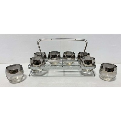 MCM Roly Poly Smoked Glass Silver Band Tumblers Set of 8 w/ Metal Caddy
