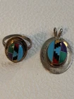 Vintage SR Native American Zuni Inlay Sterling Silver Pendant And Ring