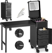Rolling Portable Manicure Table Makeup Case For Nail Tech Organizer W/3 Drawers