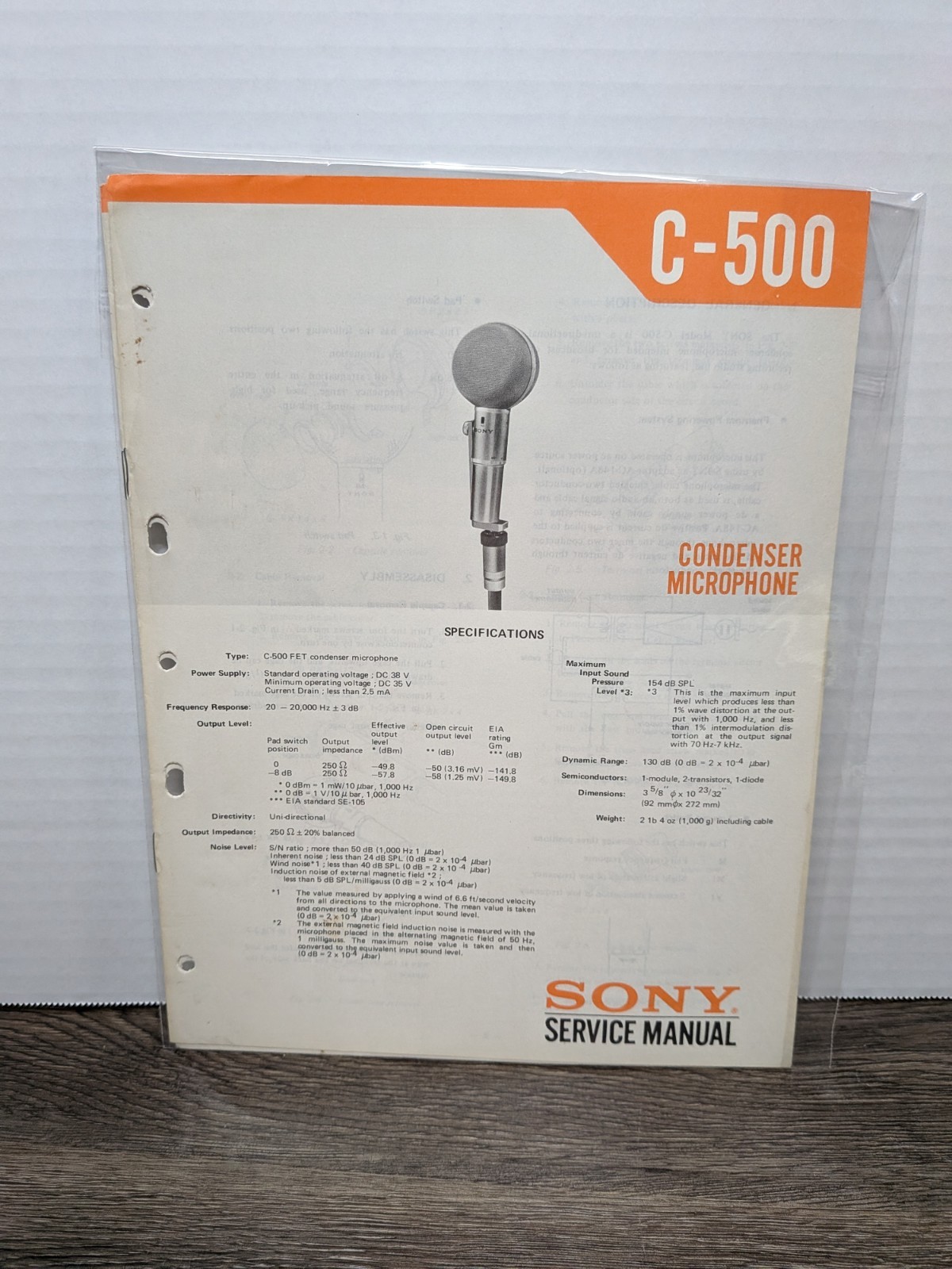 Sony C-500 FET Condenser Microphone Service Manual Original Paperwork Genuine 