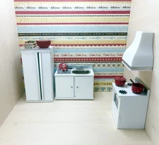 VTG Dollhouse Miniature 1:12 White Silver Kitchen Fridge Sink Stove Hood 12 Pcs