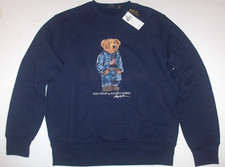 POLO RALPH LAUREN Men's USA Denim Bear Crew Neck Fleece Sweatshirt, Navy, DEFECT