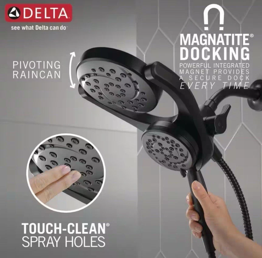 HydroRain Dual Wall Mount Shower Head, 4 Spray Patterns, Matte Black