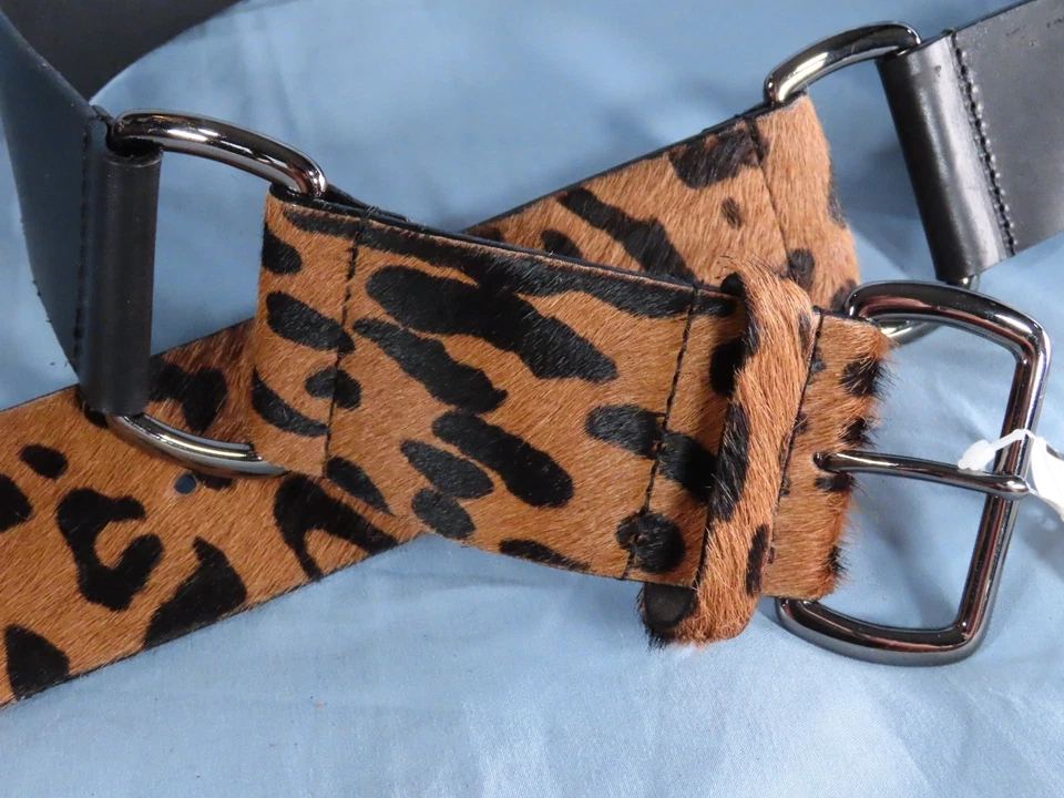 New VTG CARLISLE BELT Black Leather CALF HAIR LEOPARD PRINT Silver Rings SZ M - Image 2 of 4
