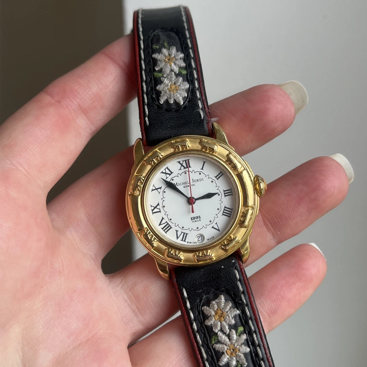 Michel Jordi 1991 Womens Watch 33mm Gold Tone Green Floral Strap New Battery Michel Jordi Watch - Etsy New Zealand main image 4