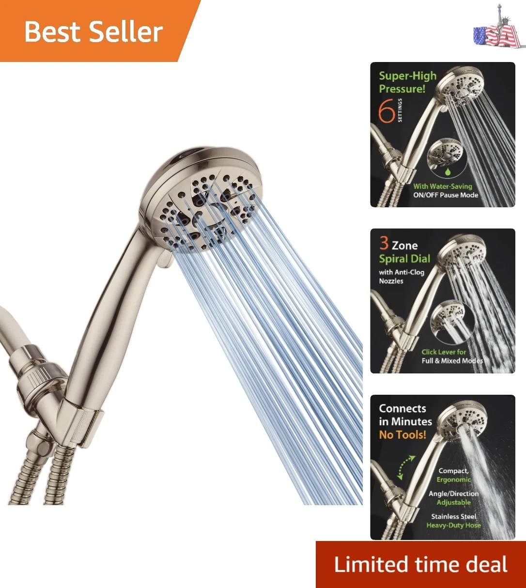 Versatile High Pressure 6-Setting Shower Head with Ergonomic Grip & Flex Hose