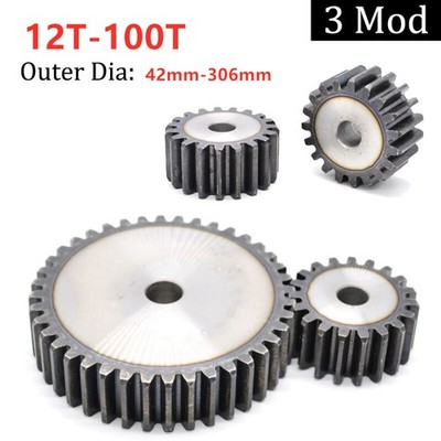 3 Mod 45# Steel Spur Gears 30mm Thick 12-100 Teeth 42-306mm OD Transmission Gear