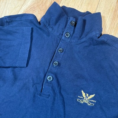 VINTAGE Polo Ralph Lauren Shirt Mens XL Blue Eagle Flag Crest Stand Mock Collar