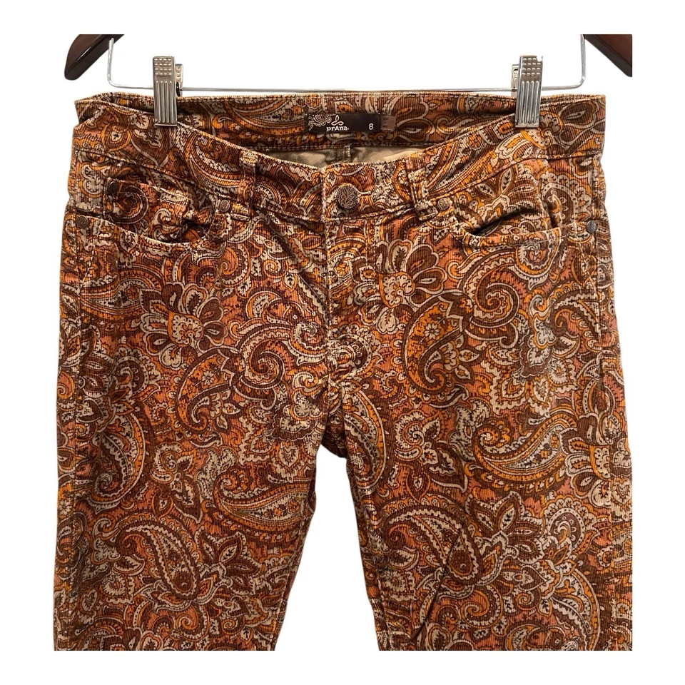 Calça jeans feminina de veludo Prana tamanho 8 cintura baixa skinny stretch marrom paisley - Imagem 2 de 4